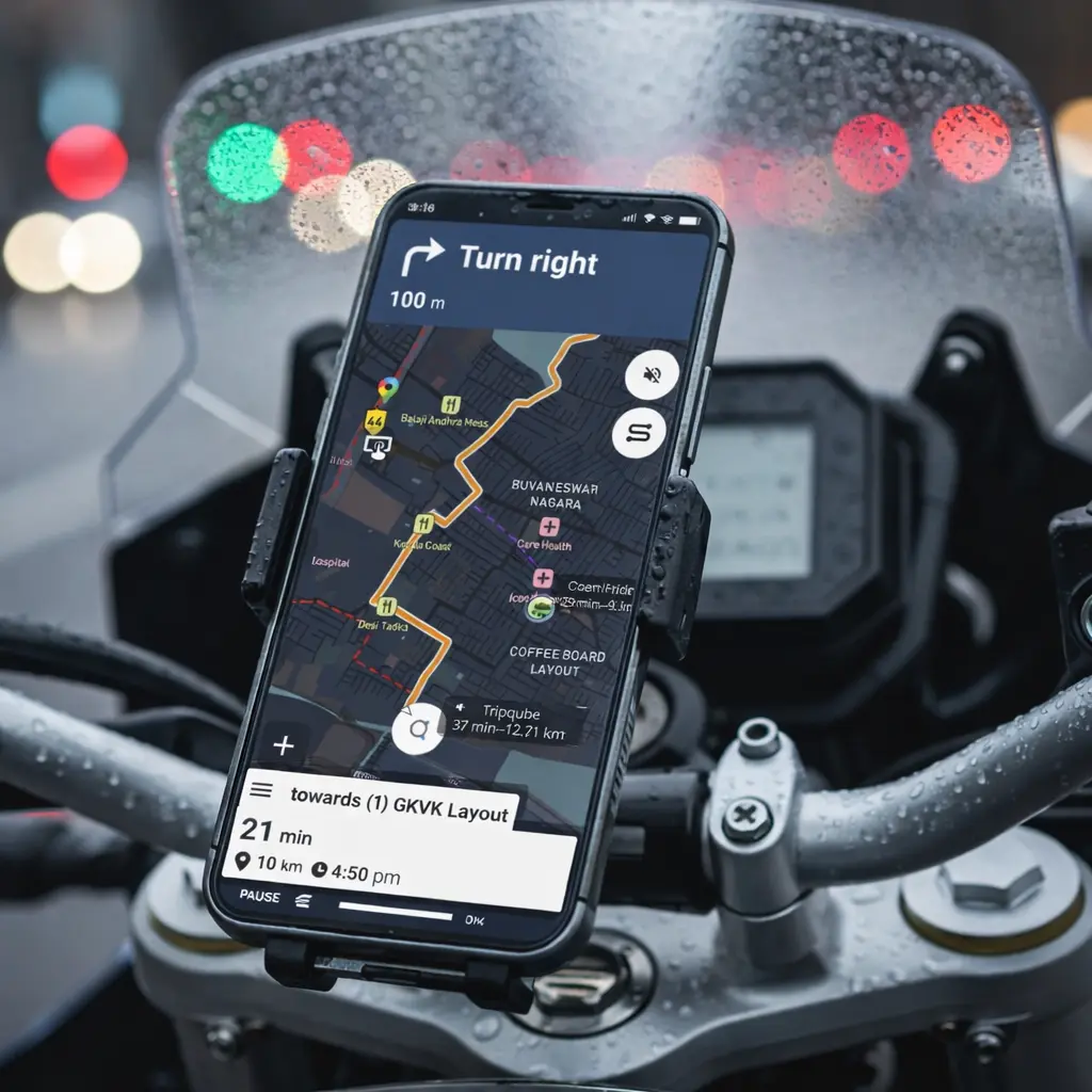TripQube app on motorcycle handlebars